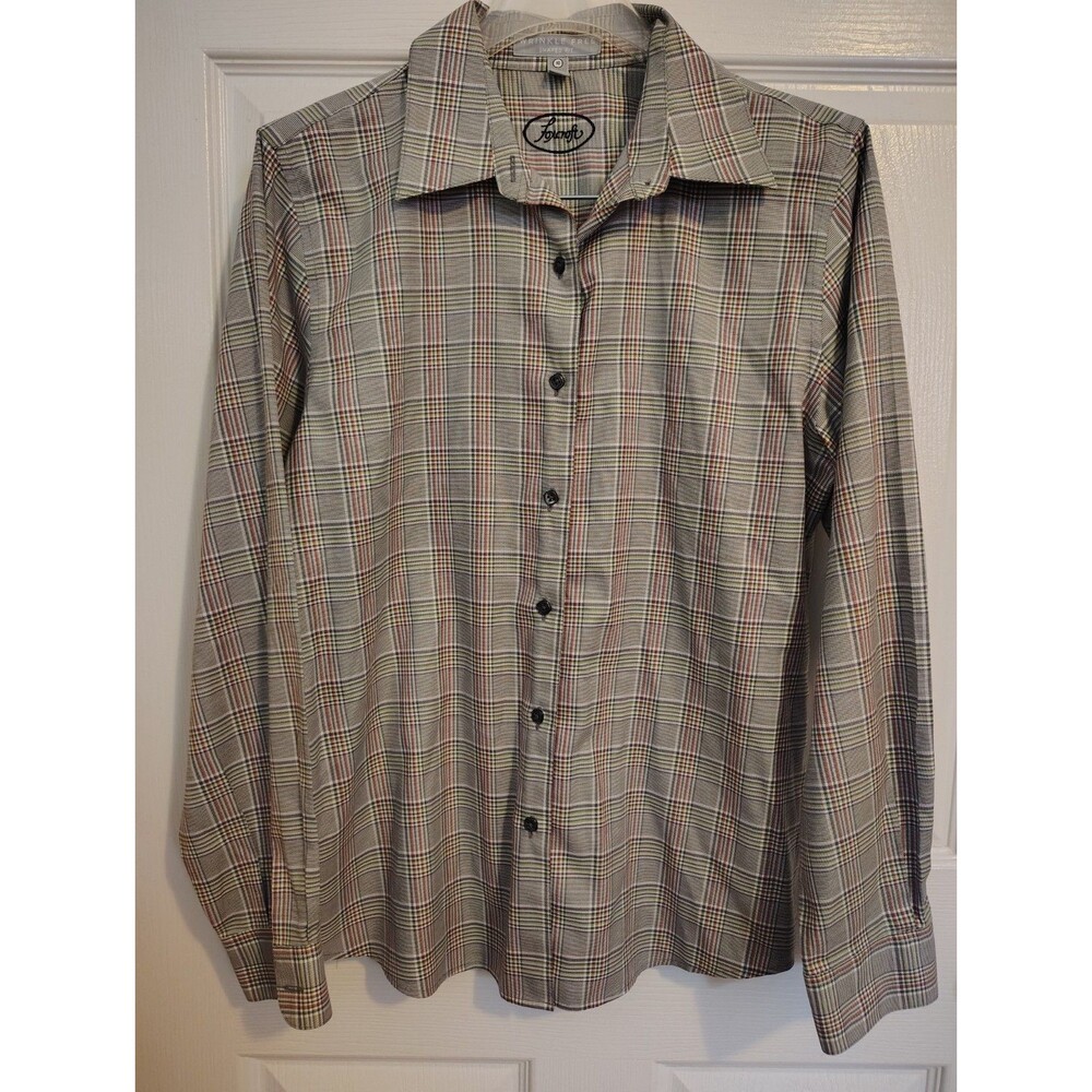 Foxcroft Gray Red Blue Plaid Long Sleeve Button-Up Point Collar Woven 10